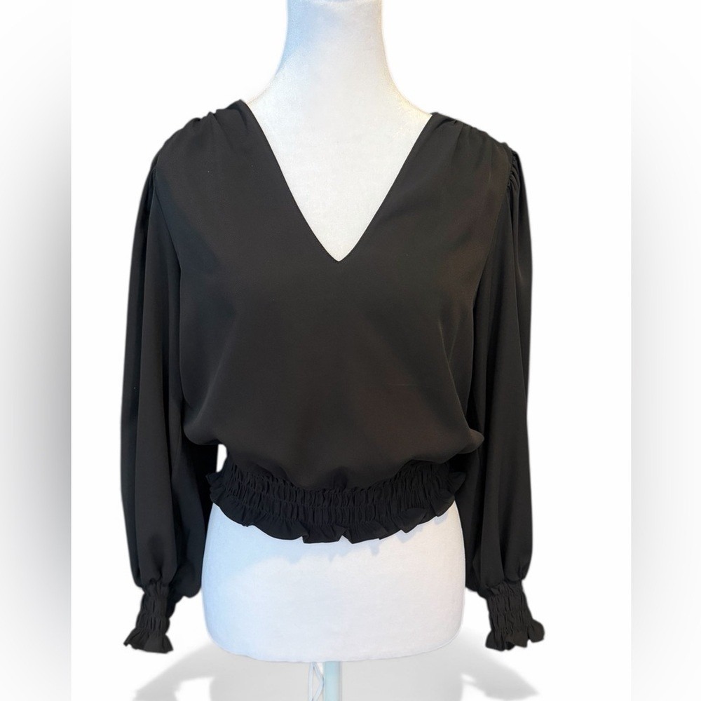 Amanda Uprichard Women's Small Black V-Neck Top Long Sleeve Smocked Waist